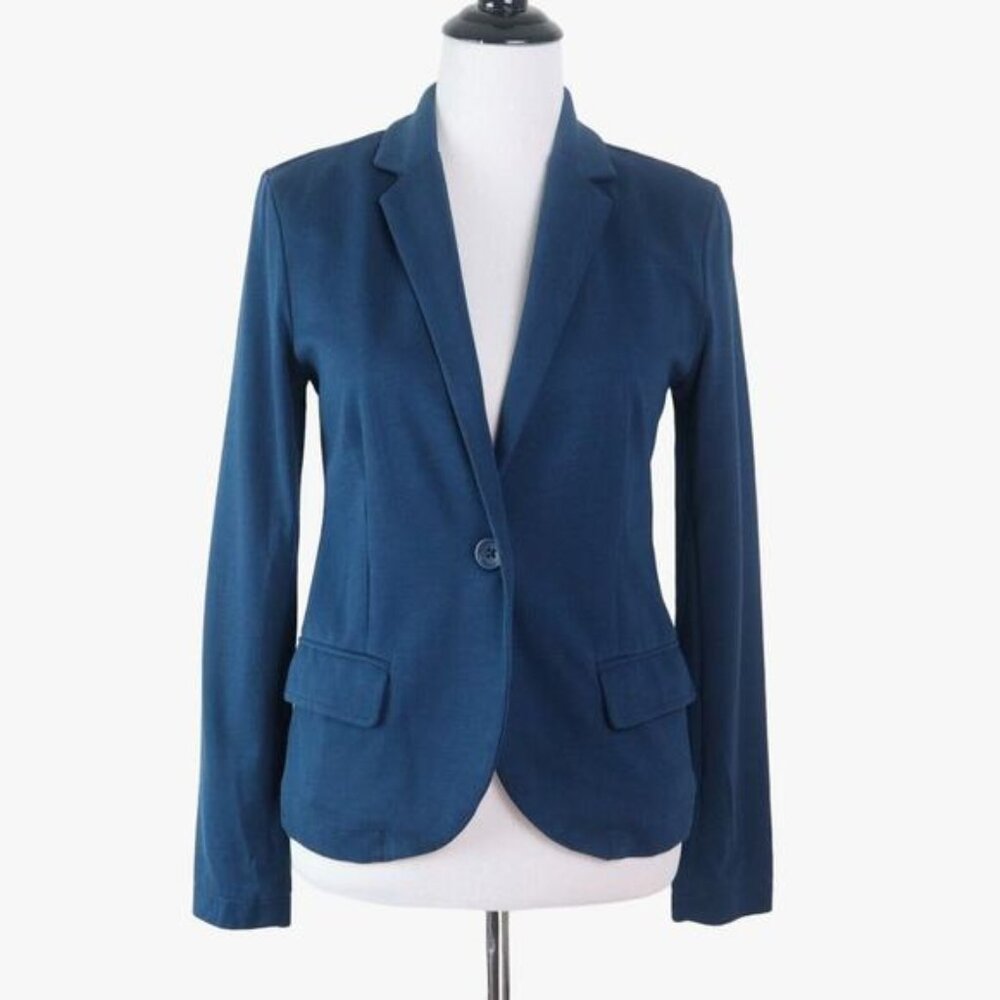 Garnet Hill Size 4 Cotton Jersey Knit One Button Blazer Navy Blue